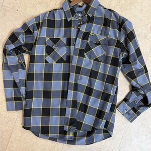 DIXXON Men's Blue and Black Plaid Button-Down Shirt with Yellow Grid-The Bolt -
